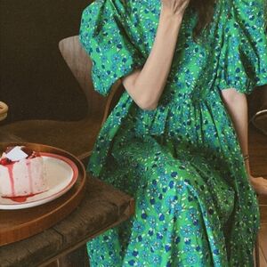 June Adel SundayUp Green Floral Balloon Puff Sleeve Modest Tie Waist Midi Dress